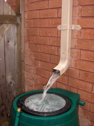 Another option for controlling stormwater on your property is to place a rain barrel beneath the downspout of your gutter.  The collected water can be used for watering plants or washing cars.  Photo credit:  Flickr / Digi_D