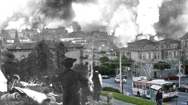 A mashup of San Francisco's Pacific Heights neighborhood right after the 1906 earthquake and what the area looks like today. Credit: Shawn Clover