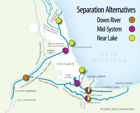 The Chicago Area Waterway System, determined to be the easiest way for Asian carp to enter the Great Lakes. Credit: Greats Lakes Commission.