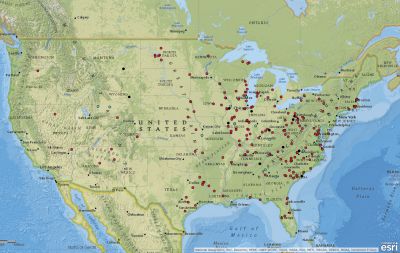 Location of coal ash contamination sites as of Feb, 2014. Red denotes a coal ash contaminated site. Green denotes a coal ash spill. Black denotes both a contaminated site and a spill. Source: EPA Coal Ash Damage Cases. Map courtesy Arc-GIS