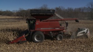The FarmMax Farm Waste Recovery Device attaches onto existing corn harvesting combines.