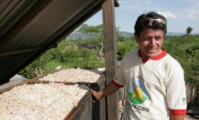 A Peruvian cacao farmer with a batch of beans. Courtesy TCHO.