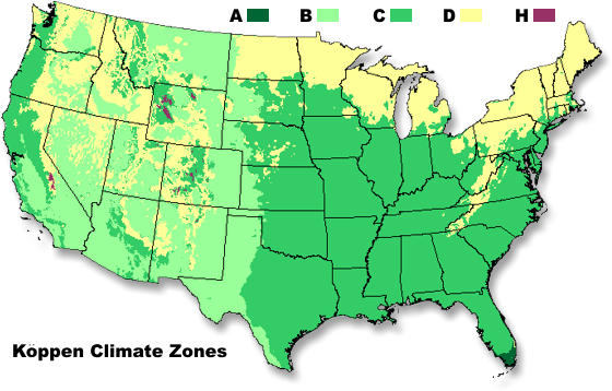 Map of the major climate zones in the United States