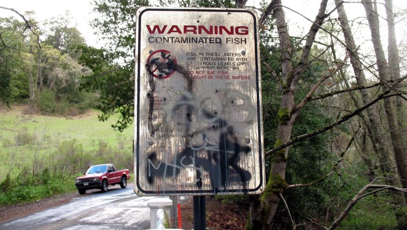 A sign warns visitors about the danger of mercury contamination in the Guadalupe River watershed. 