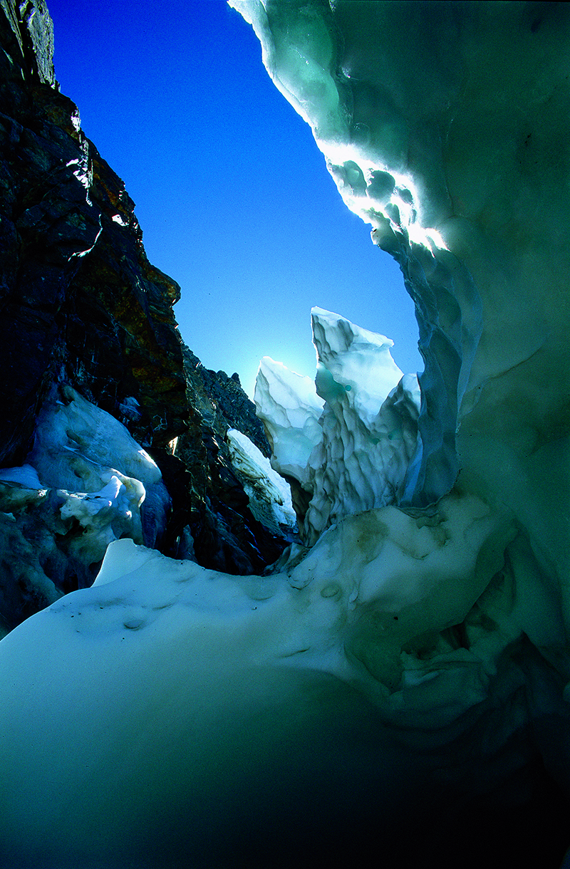 Inside the bergschrund, where the top of the Maclure Glacier curls away from the mountainside.