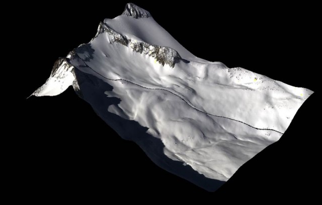 Data from the spectrometer draped on snow-on digital elevation surface shows snow-covered areas and the granite of Mt. Lyell's peak. (Courtesy NASA)
