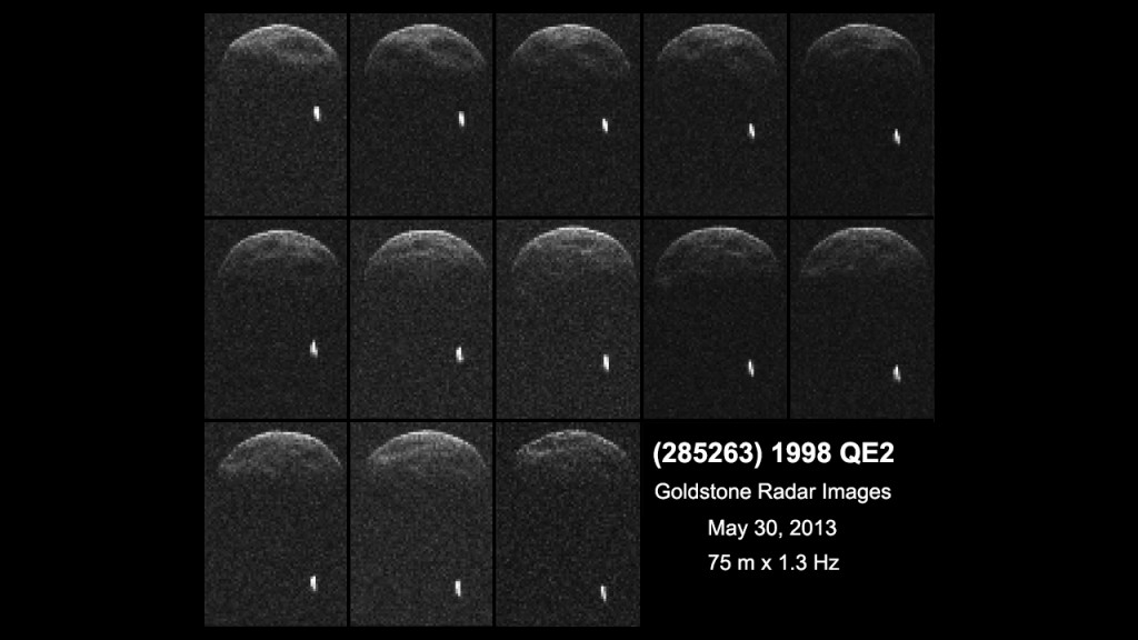 These radar images of QE2, taken from the Deep Space Network antenna at Goldstone, Calif., reveal that QE2 has a moon approximately 2,000 feet wide. 