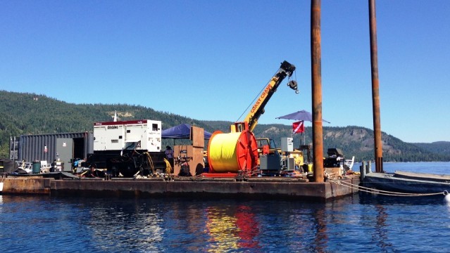 The barge serves as an operating base for the scientists studying Lake Tahoe's faults. (Scott Detrow/KQED)