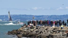 One of the the best viewing spots for the America's Cup is the jetty near Land's End. (Mike Osborne/KQED) 