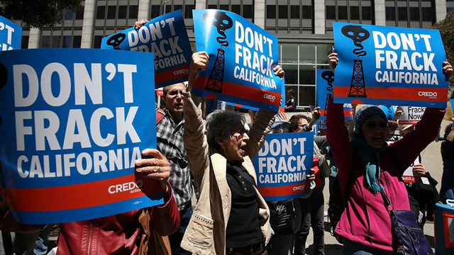The group Californians Against Fracking protested outside the San Francisco office of  Gov. Jerry Brown, demanding that he support a ban on hydraulic fracturing in oil and gas exploration. (Justin Sullivan/Getty Images)