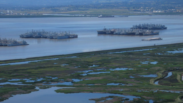 Aerial photo from 2005 shows the proximity of the "mothball fleet" to Suisun Marsh. (Craig Miller)