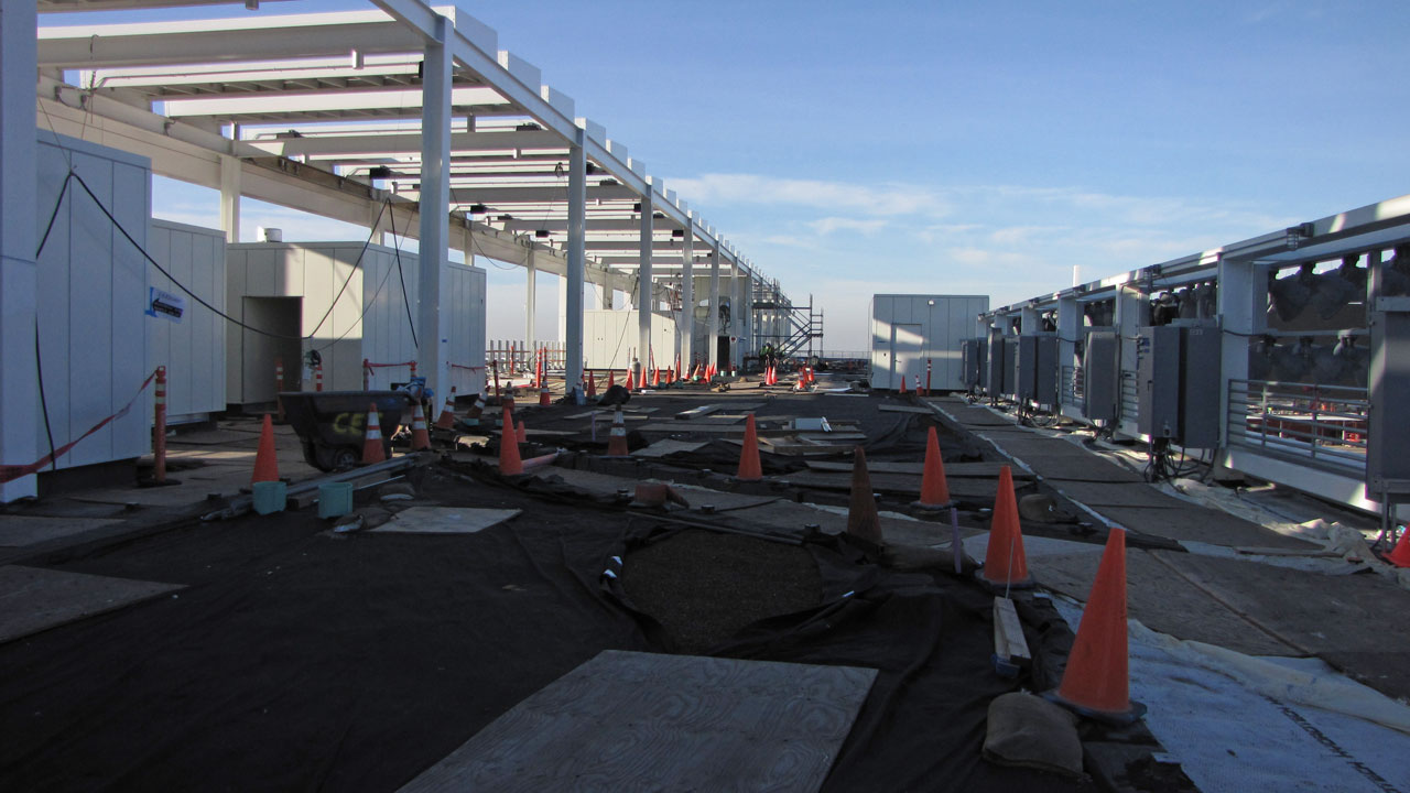 There will be a garden on the roof over the suites in Levi's Stadium. Solar panels are mounted on the structure on left side. (Molly Samuel/KQED)