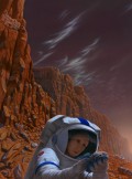 A future Mars colonist examines a rock on the martian surface