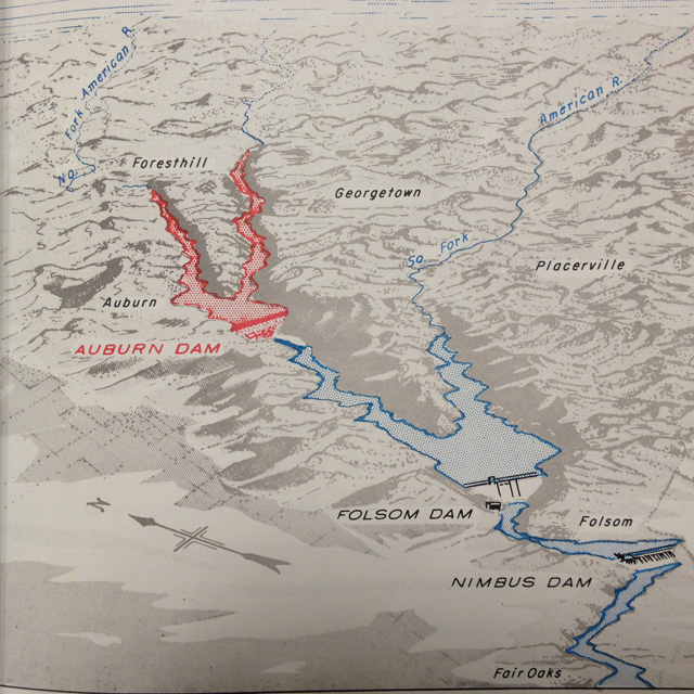 An illustration from a USBR report shows the prospective size and location of Auburn Dam, compared to Folsom and Nimbus Dams, which were built. (USBR)