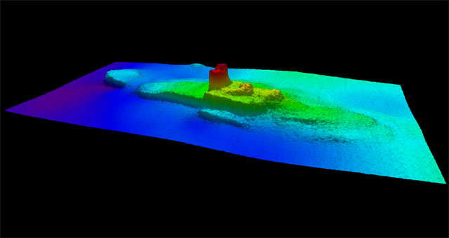 Profile view of the SS City of Chester on the floor of the San Francisco Bay, created with multi-beam sonar. (NOAA Office of National Marine Sanctuaries NRT6)