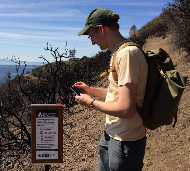 Dan Rademacher of Nerds for Nature demonstrates how the citizen science project works on Mt. Diablo. (Lauren Sommer/KQED)