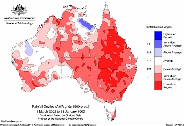 Map shows vast areas with record-low rainfall during the worst of Australia's 'Big Dry.' (Australia Bureau of Meteorology)