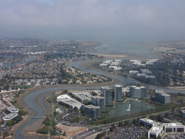 Oracle's headquarters in Redwood Shores is built on landfill in an area that was once marsh. (Molly Samuel/KQED with aerial support from LightHawk)