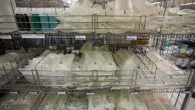 Bags of saline solution in the materials storage room at San Francisco General Hospital. (Mark Andrew Boyer/KQED)