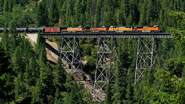 A BNSF train with tank cars crosses a trestle in the Feather River Canyon in Northern California. (Courtesy of Jake Miille)