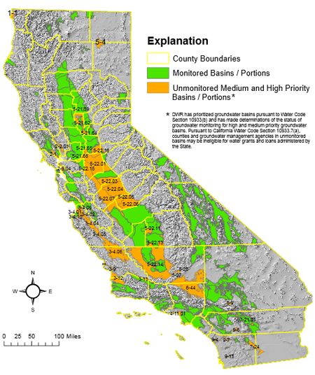 The yellow areas show high and medium priority groundwater basins that are not reporting information to the state. Click map for a larger image. (Source: Department of Water Resources)