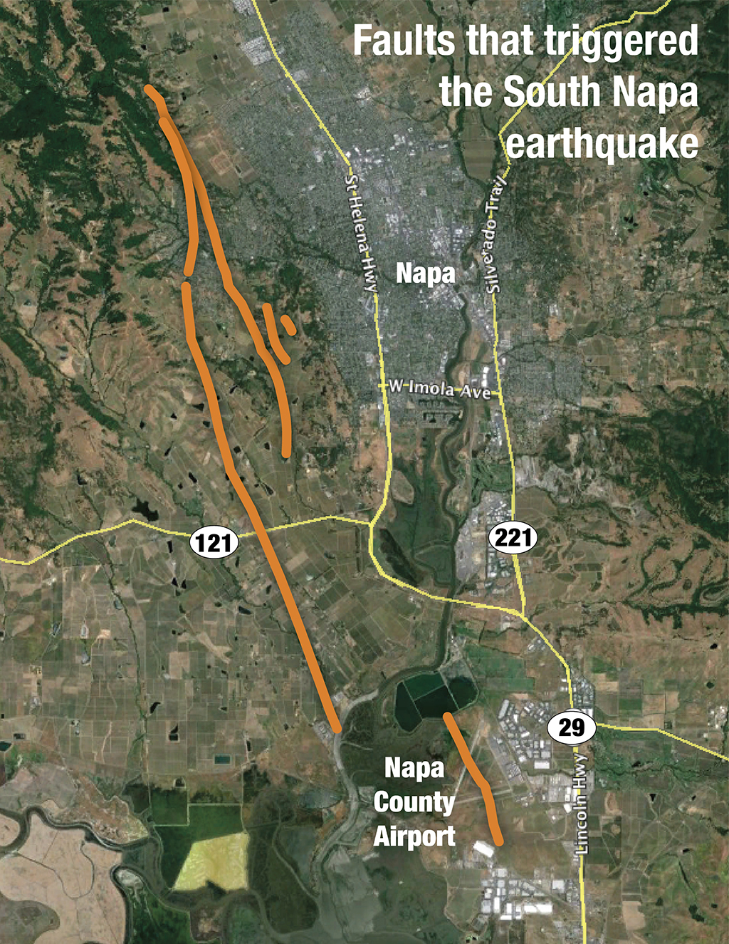 Orange lines show where surface clues reveal the likely source faults for the South Napa Earthquake. Some areas reveal up to about 18 inches of lateral displacement. (USGS)