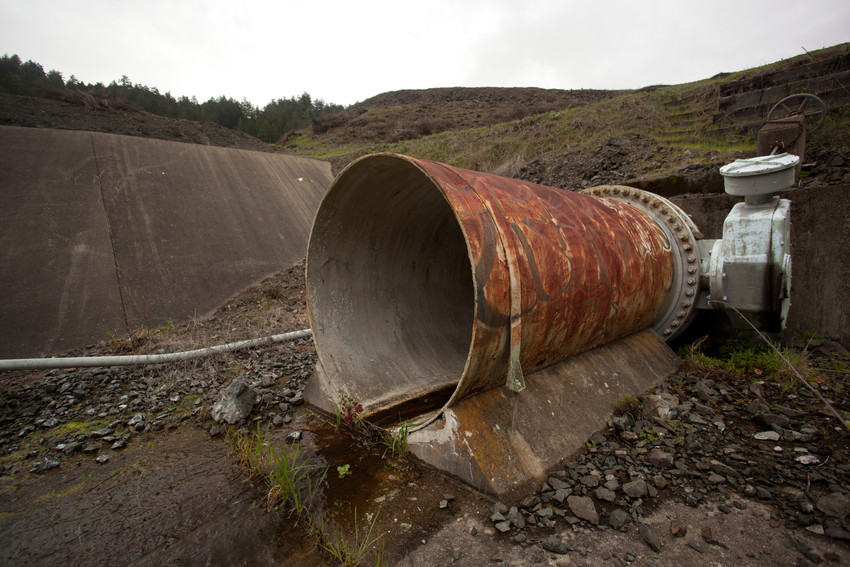 A pipe leading to the Peters Dam spillway in Marin County, photographed in March, 2014. (Mark Andrew Boyer/KQED)