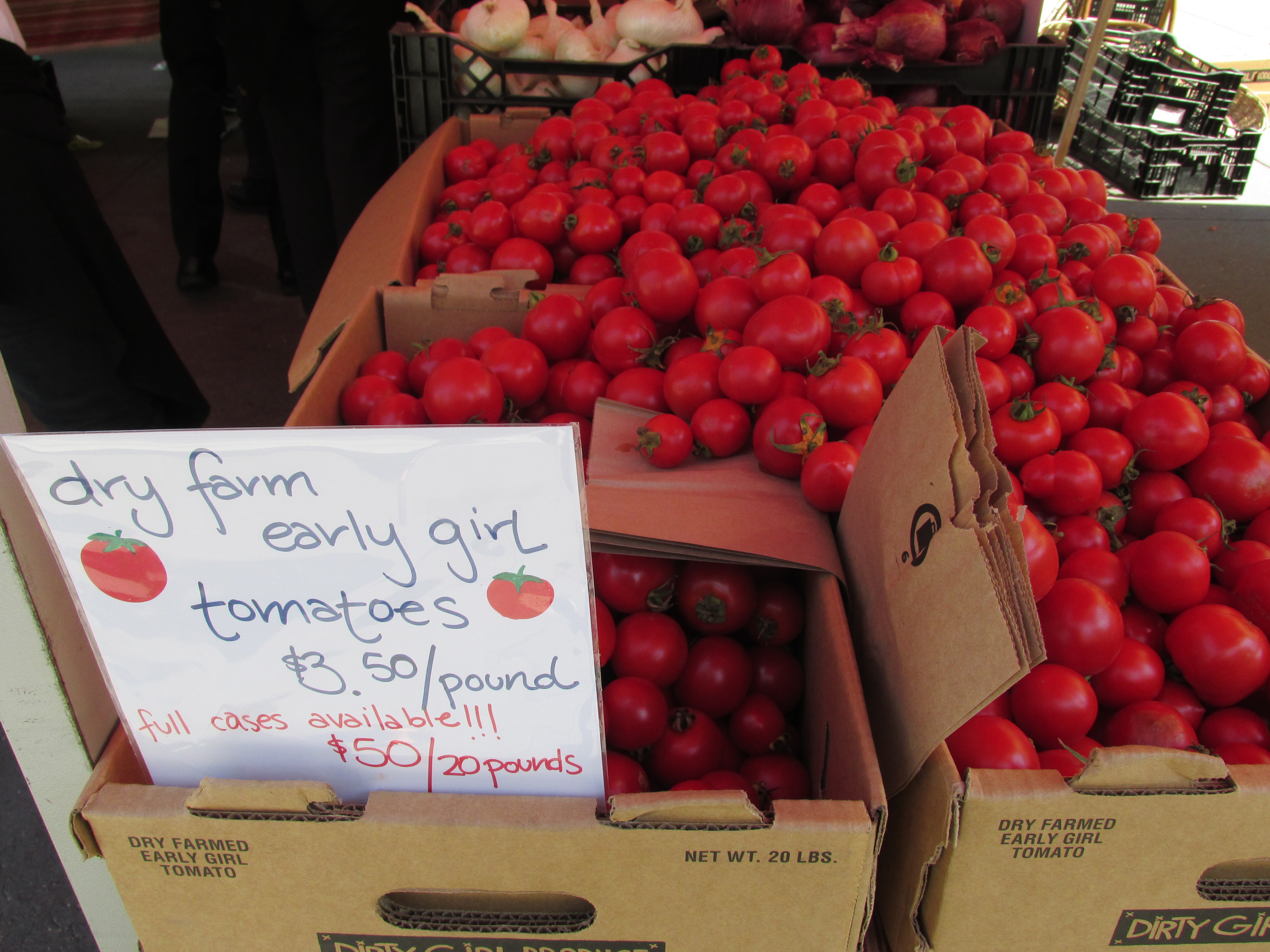 Customers at the farmer's market in San Francisco's ferry building were snapping up these tomatoes from Dirty Girl Produce, grown without irrigation.