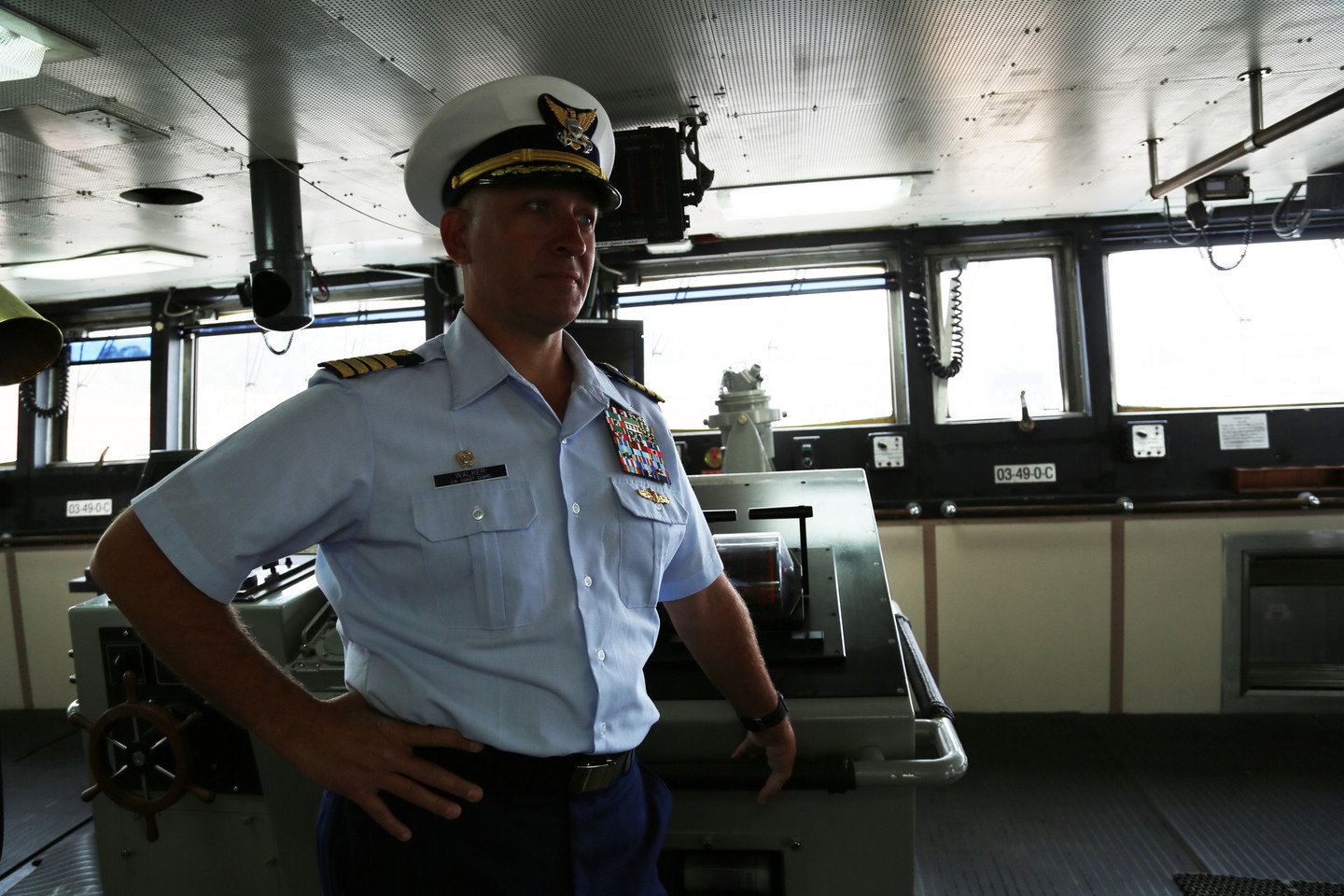 Captain Matt Walker on the bridge of the USCGC Polar Star, the only active heavy-duty icebreaker in the U.S. fleet (Adam Grossberg/KQED)