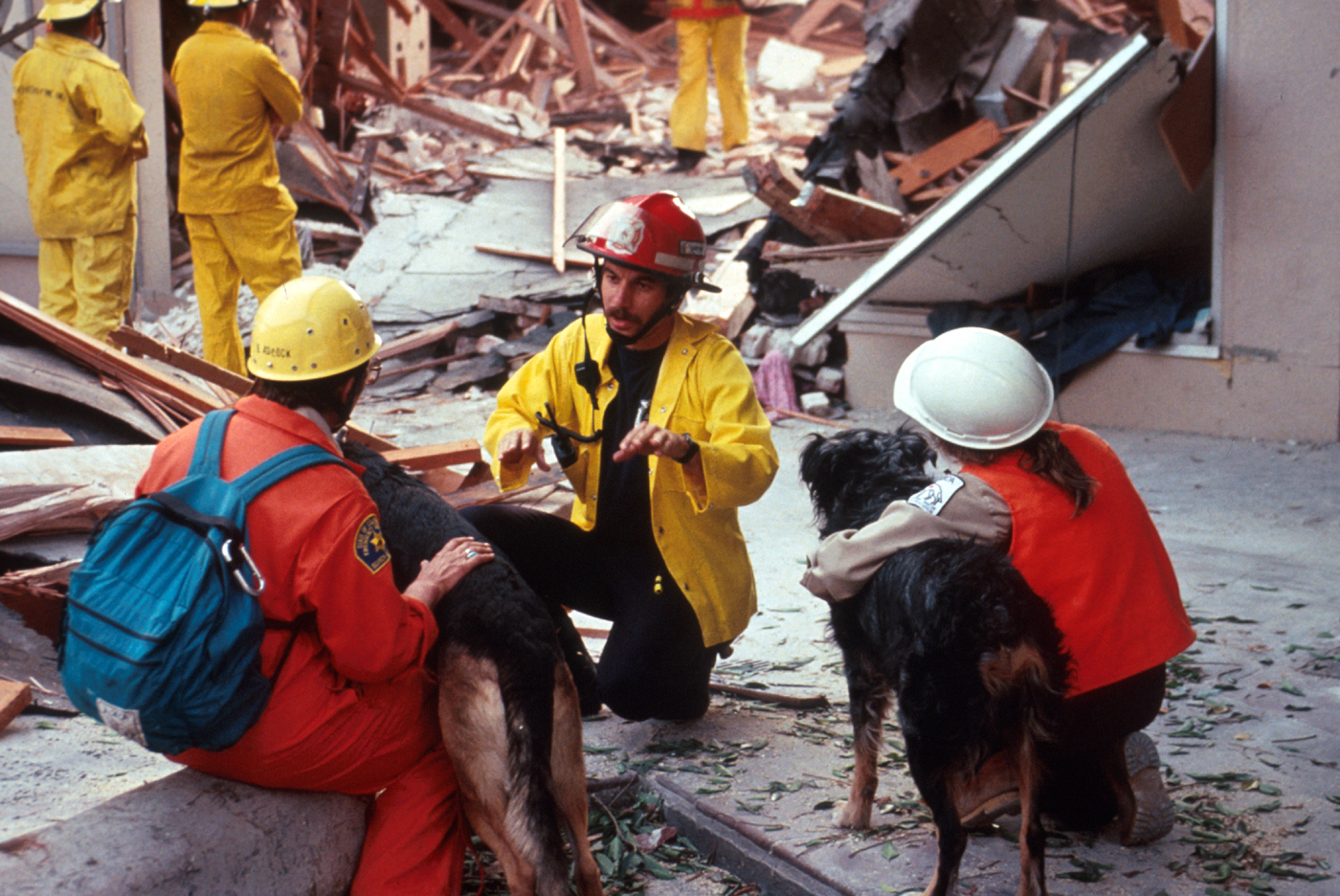 First responders search for victims at a collapsed department store in the Pacific Garden Mall in Santa Cruz. (U.S. Geological Survey)
