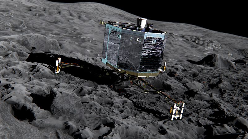 Artist concept of the Philae lander on the surface of comet 67p/Churyumov-Gerasimenko. (Rosetta/ESA)