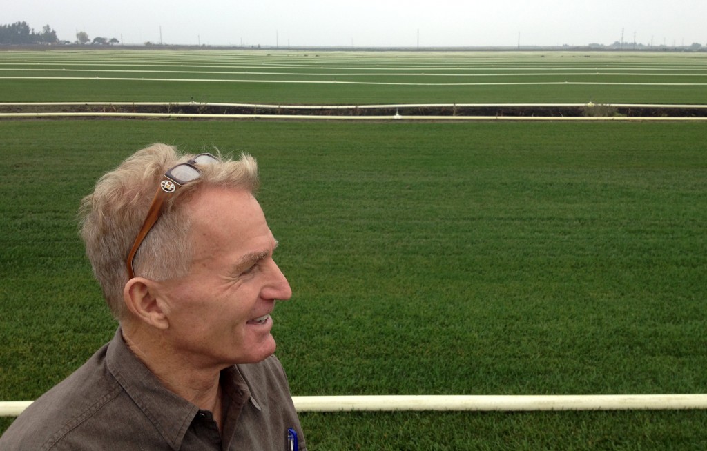 Ed Zuckerman shows off part of the 1,400-acre sod farm he runs in Stockton. He says no-mow and native varieties are a small but growing part of the business. (Daniel Potter/KQED)