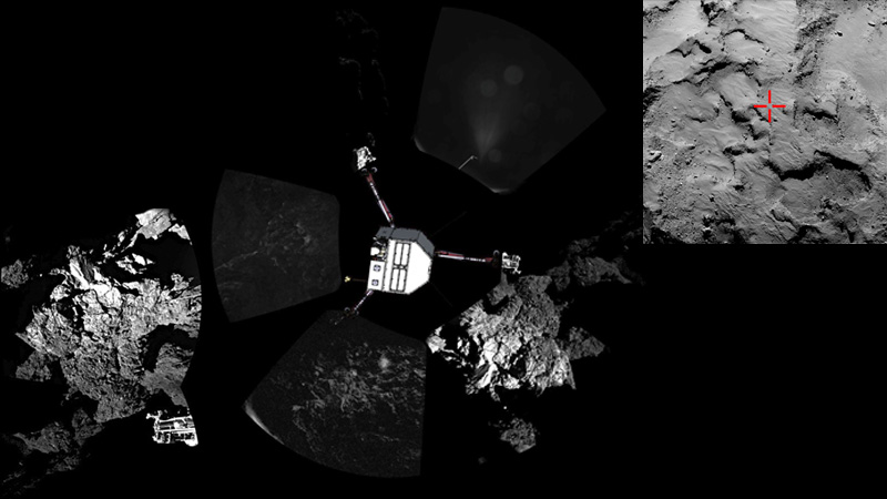 Montage of first image from Philae (left), first panorama (center), and location of the initial landing location. (Rosetta/ESA)