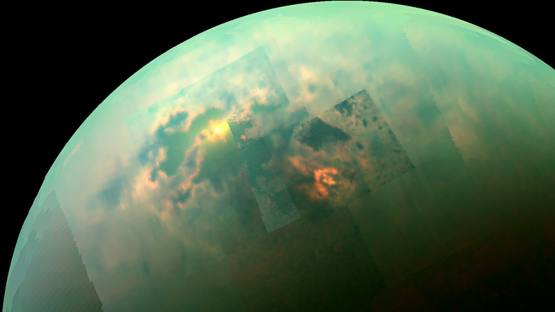 Sunlight reflecting from the liquid surface of Kraken Mare on Saturn's moon Titan. (Cassini/NASA)
