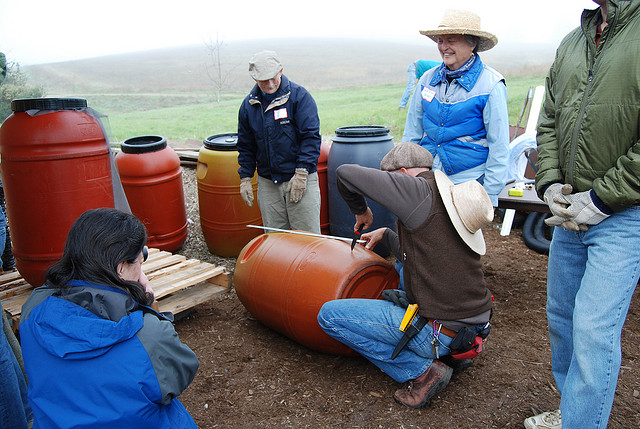 Volunteers for Acterra, an environmental non-profit, install rain barrels at Arastradero nature preserve in Palo Alto. (Acterra)