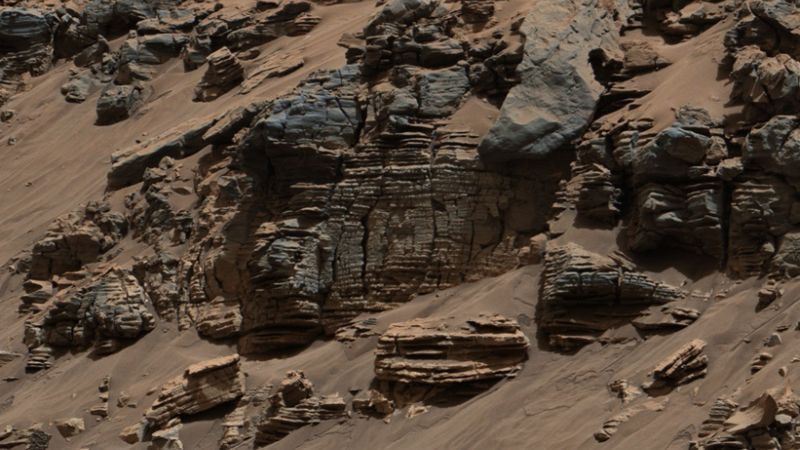 An outcrop of lake bed deposits captured by Curiosity's MastCam in August, 2014