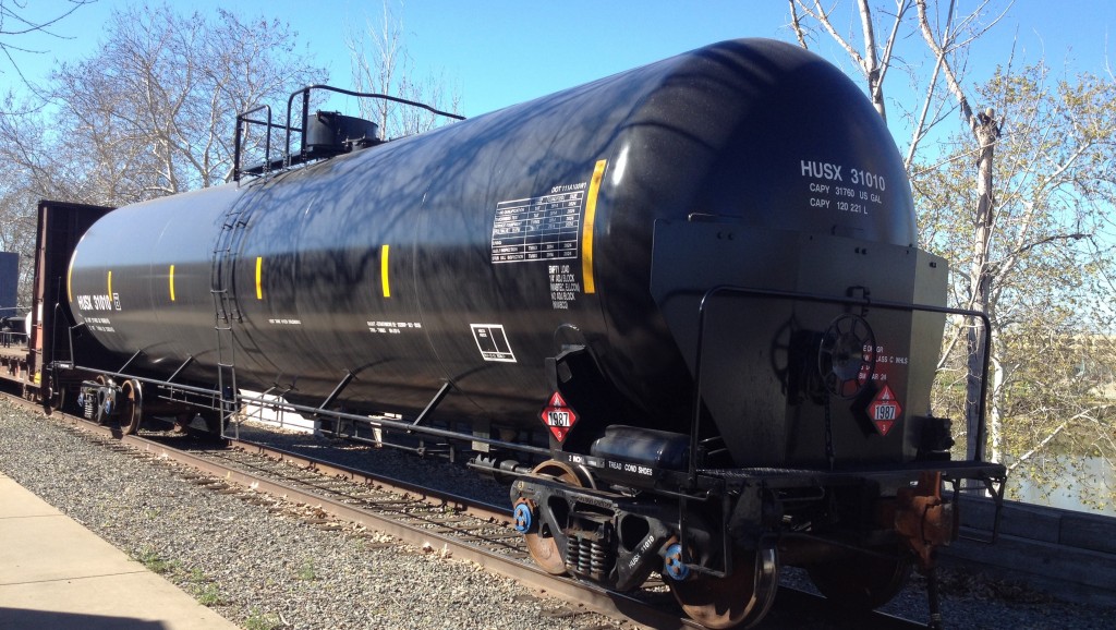 This CPC-1232 tank car represents an upgrade over an older models criticized for being easily punctured, but critics say there's still much to be desired. (Daniel Potter/KQED)