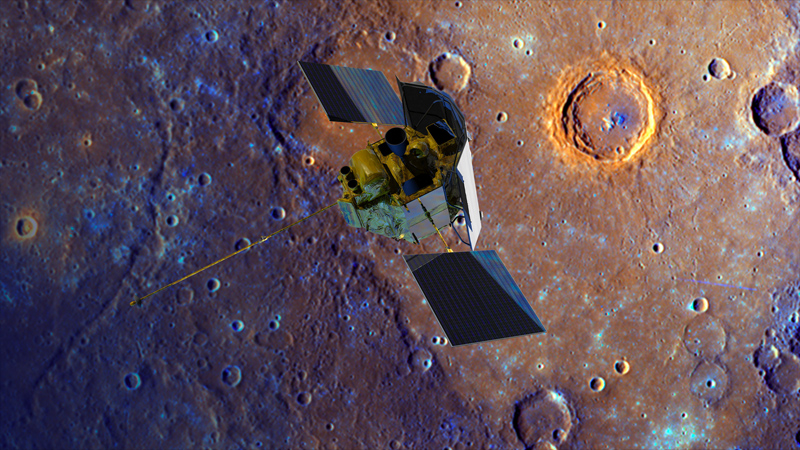 NASA's MESSENGER spacecraft spiraling toward the surface of its 10-year study, planet Mercury. (Johns Hopkins University Applied Physics Laboratory/Carnegie Institute of Washington/NASA)