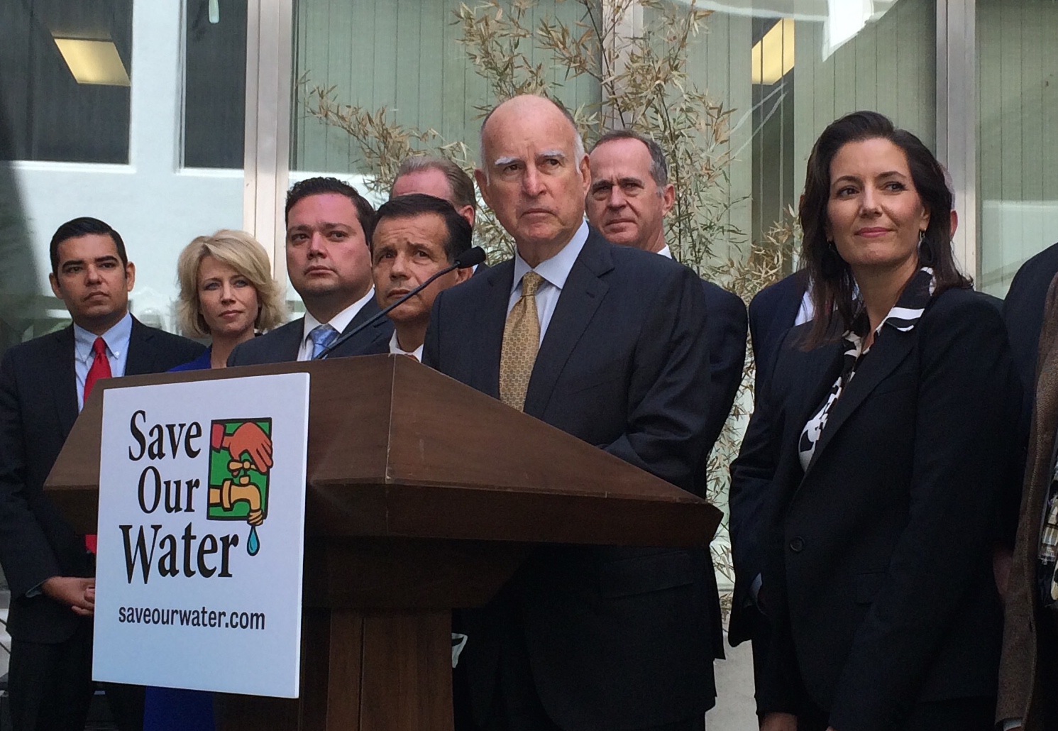 Gov. Jerry Brown holds a news conference at the state Capitol on Apr. 28, 2015 after meeting with California mayors about new efforts to help local drought relief programs. (John Myers/KQED)