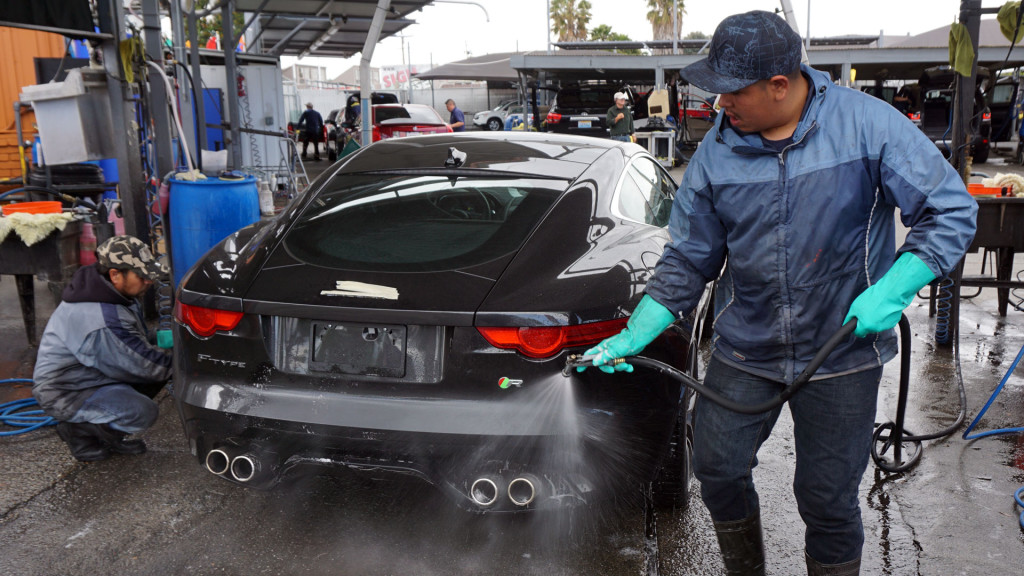 The water at AJ Auto Detailing in San Jose is recaptured and reused. San Jose has banned car washing at home with potable water. (Lauren Sommer/KQED)