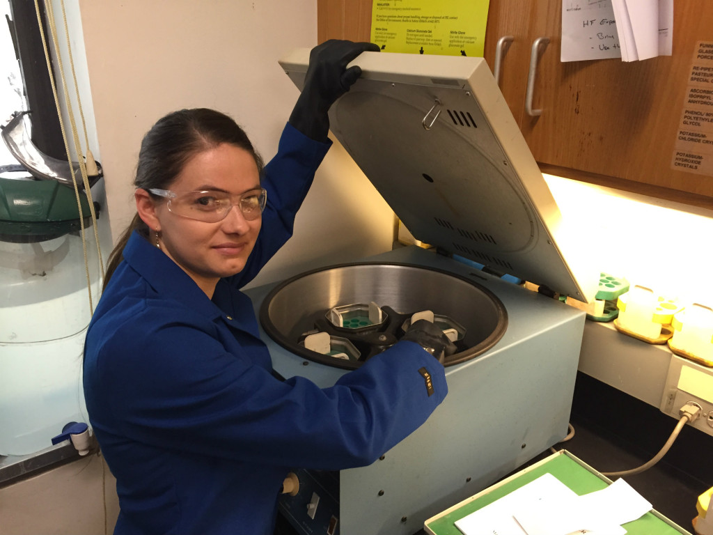 Marie Champagne loads samples into a centrifuge at UC Berkeley. Champagne studies paleo-climate, but says until just a few years ago, being a scientist wasn't at all on her radar. (Daniel Potter / KQED)