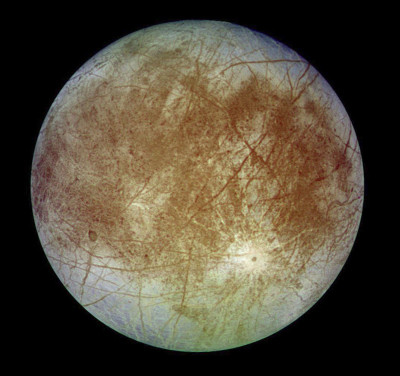 Europa as imaged by NASA's Galileo spacecraft in the early 1990s. (NASA/JPL/DLR)