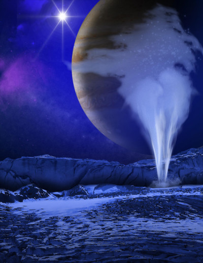 Artist concept of a possible water vapor plume erupting from the icy surface of Jupiter's moon Europa. (NASA/ESA/K. Retherford/SWRI)
