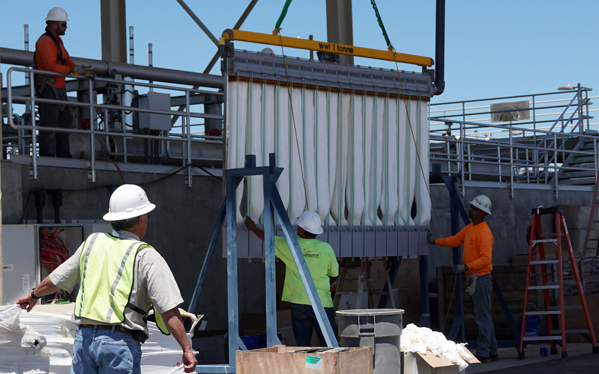 New filtering equipment is installed at the Modesto wastewater treament plant, part of a $150 million upgrade.