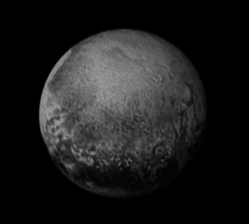 On July 11, NASA's New Horizons captured this image of Pluto, revealing cliffs and what might be an impact crater. 