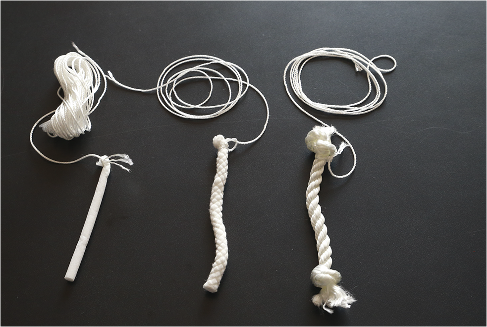 Researchers tried three different rope materials. Left: nylon oral swab rope, middle: cotton rope, right: nylon rope. Nylon rope works best because RNA viruses degrade very quickly in the environment and cotton does not hold on to them long enough to be sampled. (N. Walker/UC Davis)