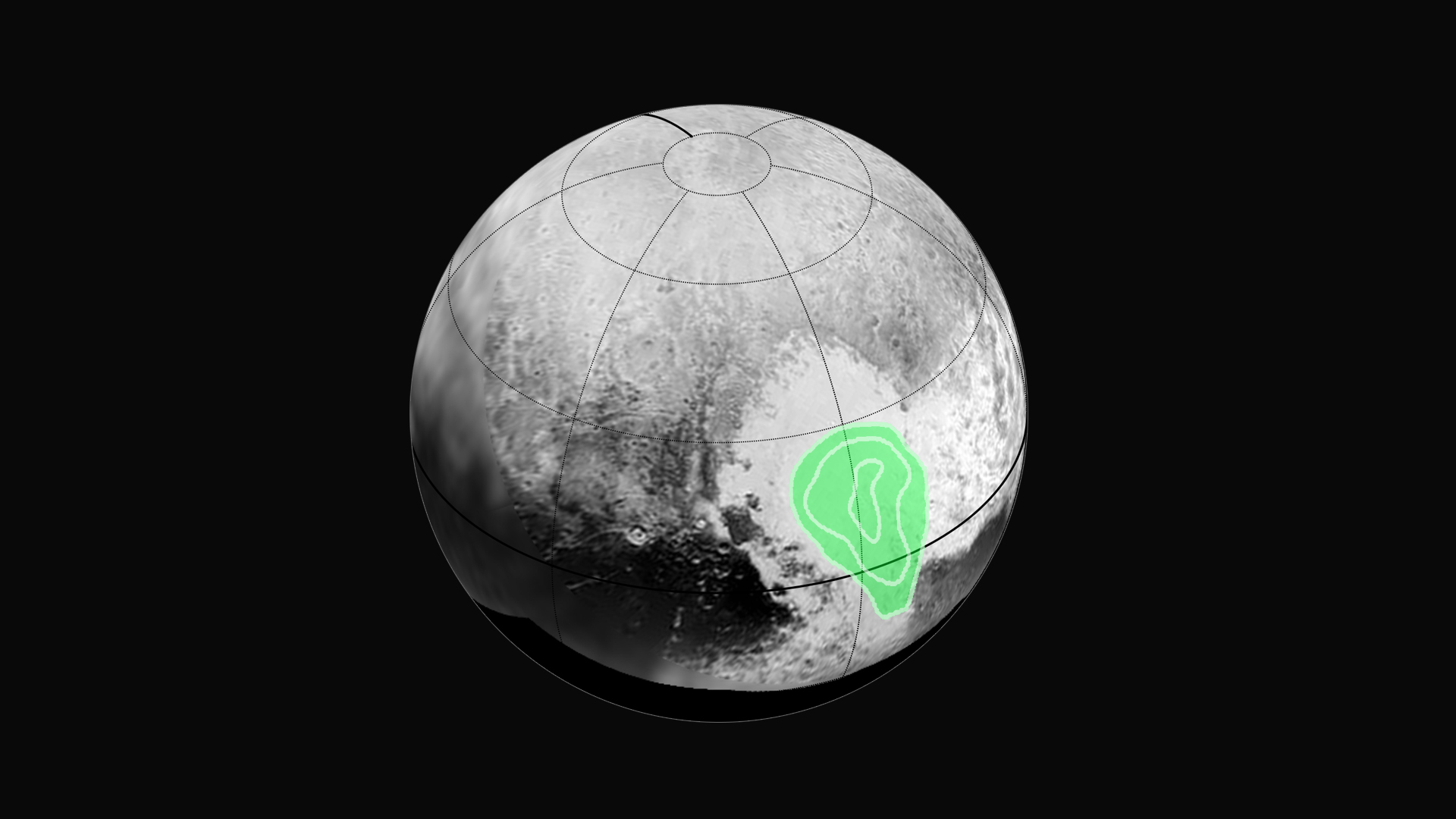 Scientists have found evidence of frozen carbon monoxide in Pluto’s 'Heart' region, now known as Tombaugh Regio. The concentration of carbon monoxide increases towards the center of the “bull’s eye” in this image. 