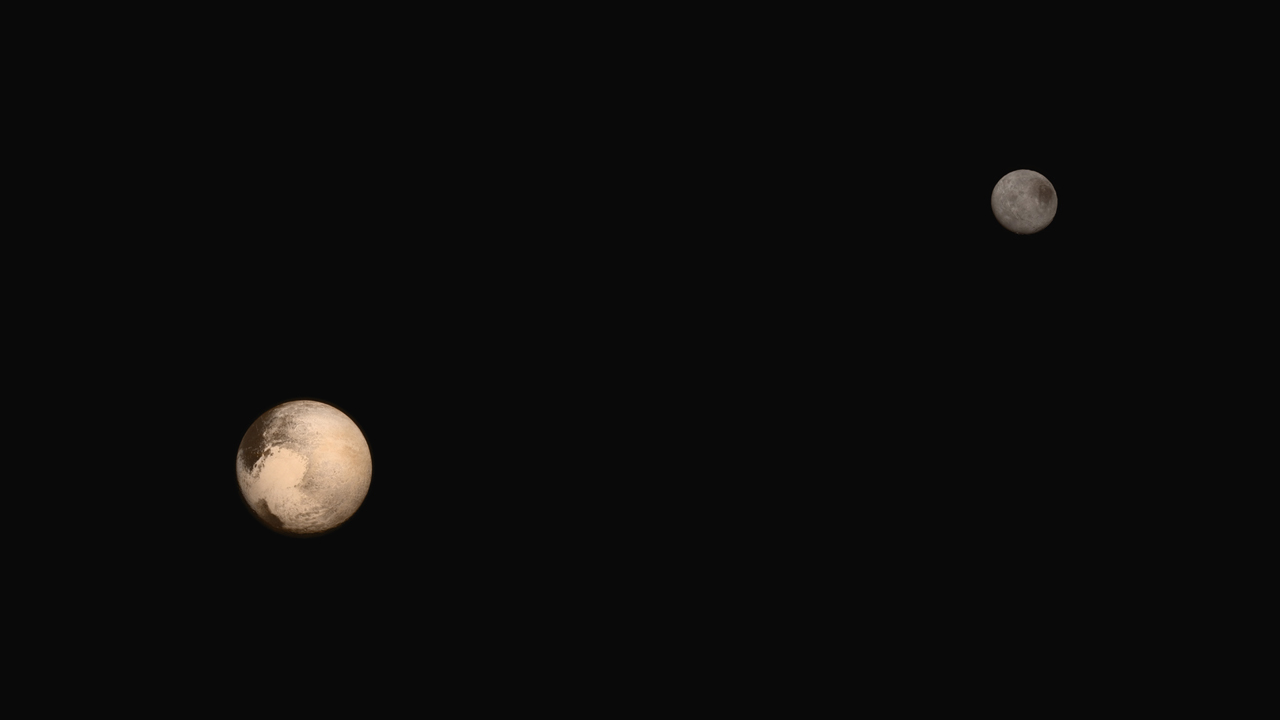 These full-frame images of Pluto and Charon were collected separately by New Horizons during approach this week, but their relative colors, size and separation are approximated in this composite image.