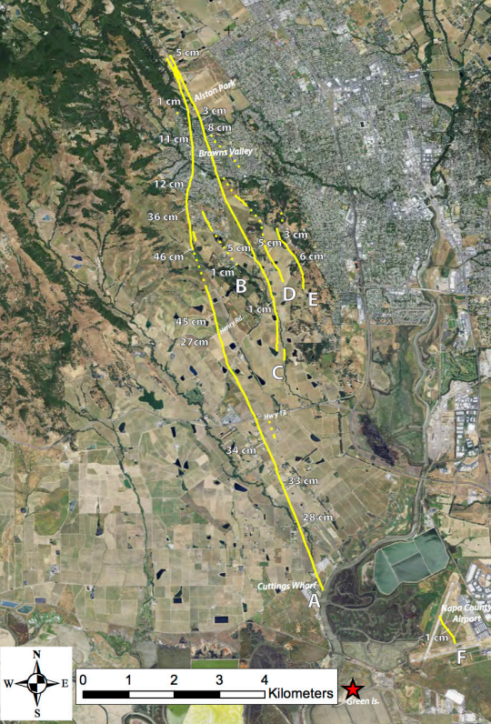 The red star marks the quake's epicenter in this USGS map, with solid yellow lines marking measurable surface faulting, including more than two months of afterslip. 