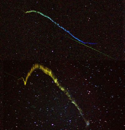 Colorful luminous meteor trails, from the annual Leonid Meteor Shower in November.